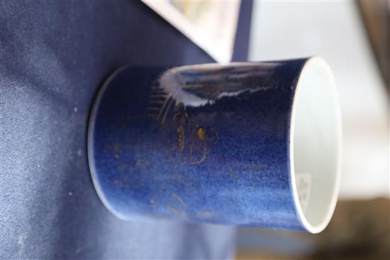 A Chinese gilt-decorated powder blue brush pot bitong, Kangxi period, H.15.2cm, repairs